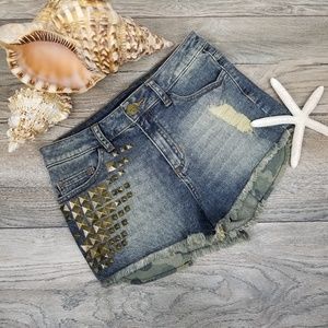 SNEAK PEEK High Rise Fit Jean Shorts Sz S Distressed Studs Embellished
